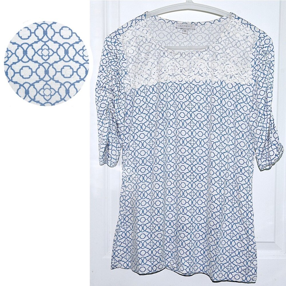 Modcloth Downeast Geometric Print Top with Lace Yoke and Shirred 3/4 Sleeves
